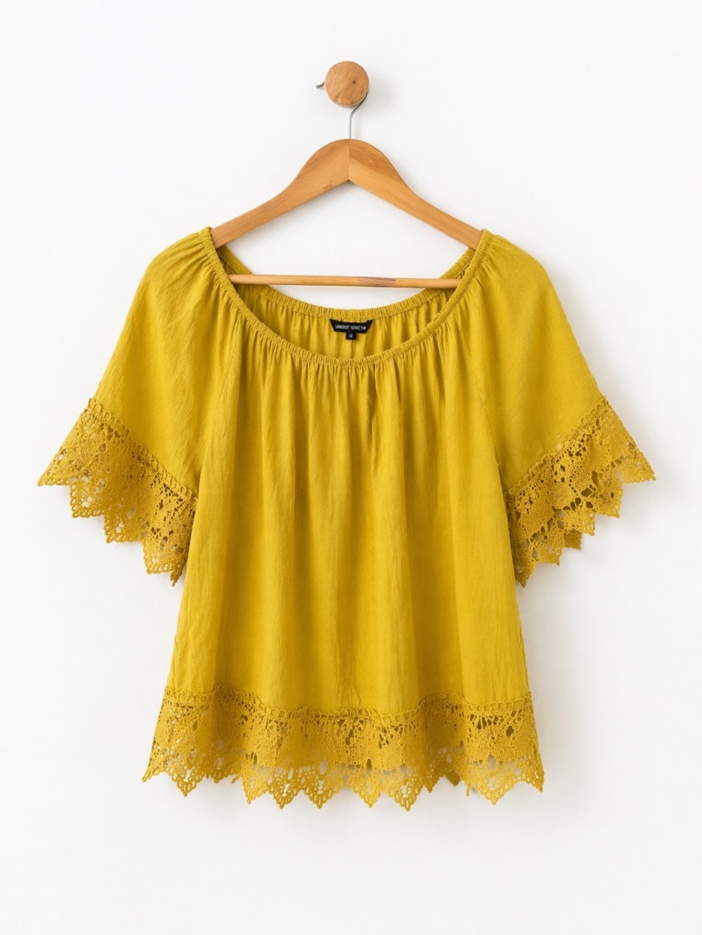 Unique Spectrum Mustard Yellow Crochet-Hem Peasant Top